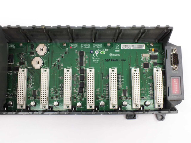 ICP DAS XP-8741 XP-8000 backplane board close-up — 7 I/O expansion slot connectors, ROHS marking, and DB9 connector visible
