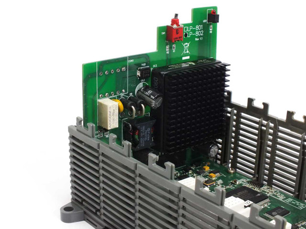 ICP DAS XP-8741 internal power board close-up showing DLP-801/DLP-802 Rev 1.1 power module with heat sink and relay