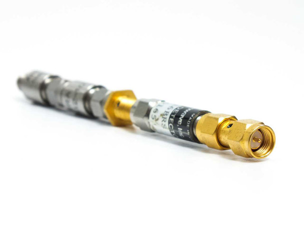 FEI Microwave DOM816BRS Tunnel Detector SMA male connector end with gold hardware — angled view