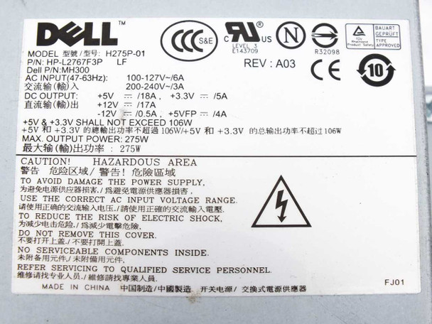 Dell H275P-01 HP-L2767F3P specification label – showing model, part number MH300, Rev A03, AC/DC output ratings and 275W max output