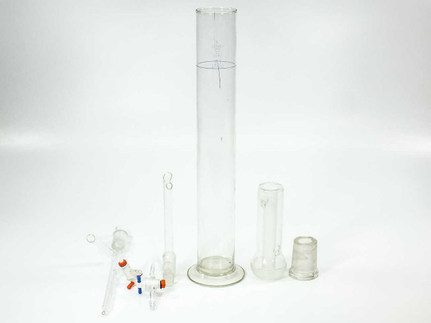 Kontes glass flask body with side arm and frosted ground glass stopper alongside chipped glass insert — detail view