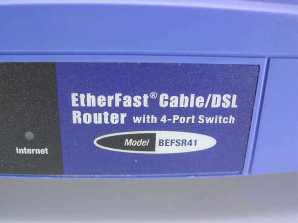 Linksys BEFSR41 label closeup showing EtherFast Cable/DSL Router with 4-Port Switch and model number BEFSR41