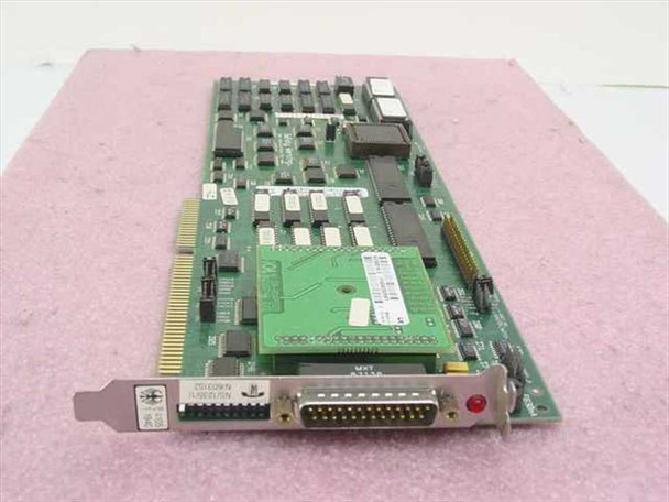ICL NS/1235/1 AC40017.2 16-bit ISA BABT modem card – top view showing full PCB, V.28 adapter module, and bracket with DB25 and BT connectors