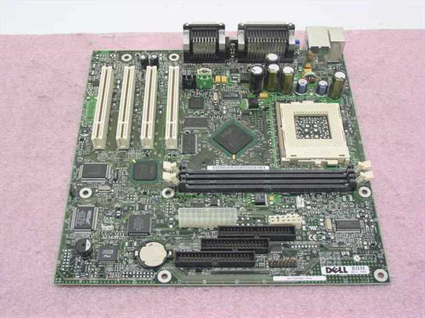 Dell 9591P system board rear-angled view showing AGP slot, PCI expansion slots, DIMM slots, and Dell logo on PCB