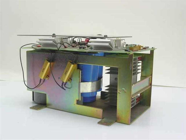IBM System/36 5360 Power Filter Assembly – left-side view showing yellow resistors, blue capacitor cylinder, open metal frame chassis, and circuit board on top