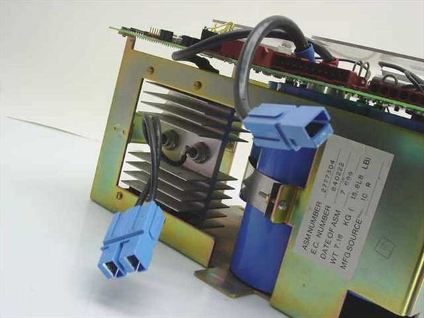 IBM System/36 5360 Power Filter Assembly – rear-angle view showing heatsink, blue connector cables, circuit board with components, and identification label
