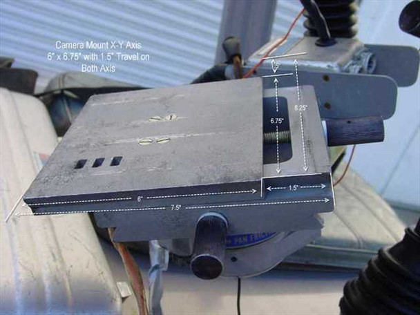Camera mount X-Y axis plate detail, annotated 6" x 6.75" with 1.5" travel on both axes