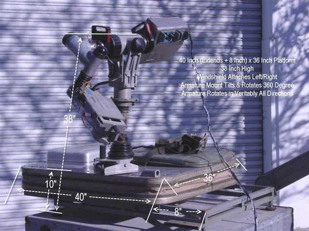 Full system overview with annotated overall dimensions: 40" platform, 36" width, 38" height, 8" extension, 10" base