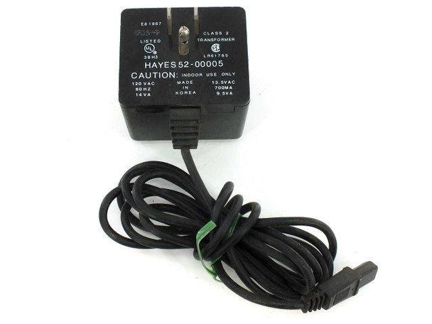 Hayes 52-00005 modem power supply — full view showing wall plug, cable, and 4-pin output connector with label reading 13.5VAC 700mA 9.5VA