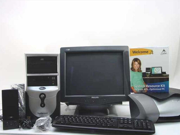 Systemax SYX-651M03 complete desktop PC kit showing mini tower, Philips CRT monitor, Lexmark printer, keyboard, mouse, speakers, and AOL resource kit box