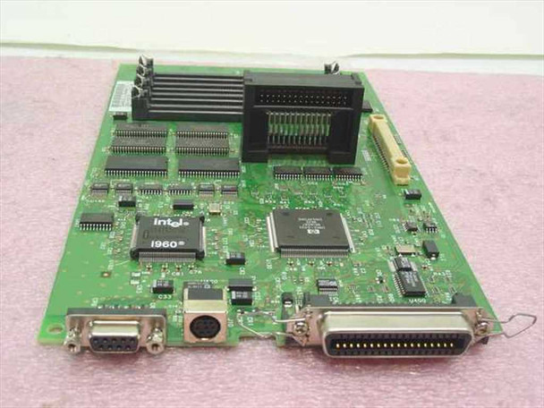 HP C3919-60001D LaserJet 5 formatter board – front view showing Intel i960 CPU, memory slots, parallel and serial ports