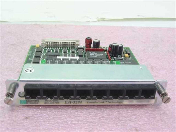 Extended Systems ESI-3284 ExtendedLink printer sharing module card — front view showing 8 RJ45 ports and PCB