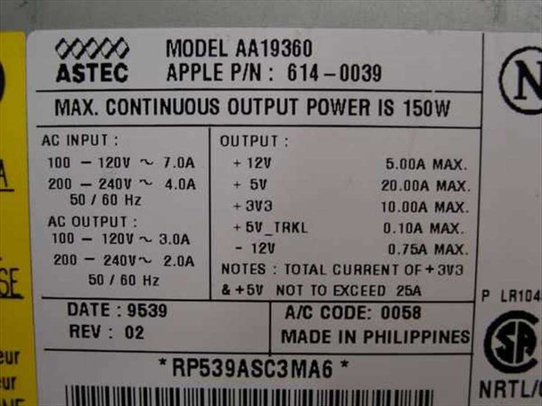 Apple 614-0039 Astec AA19360 specification label showing AC input, DC output rails, 150W rating, Rev 02, date code 9539