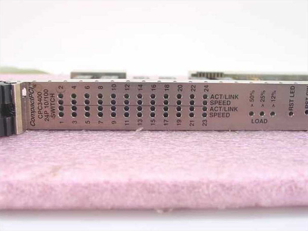 Performance Technologies CPC3400 24P 10/100 switch — front panel bracket close-up showing 24 port LED indicators (ACT/LINK and SPEED) and LOAD/RST labels