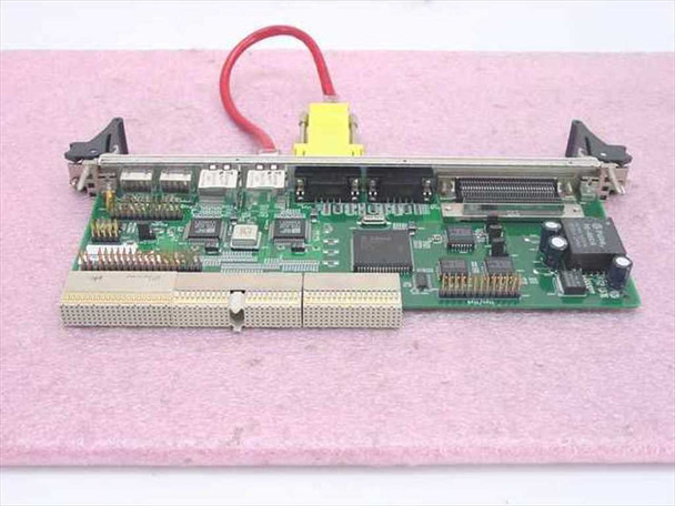 Sun Microsystems 0-00398-05 cPCI Rear Transition Module — PCB top view showing J3/J4/J5 cPCI bus connectors, main controller ICs, and rear I/O panel with ribbon cable