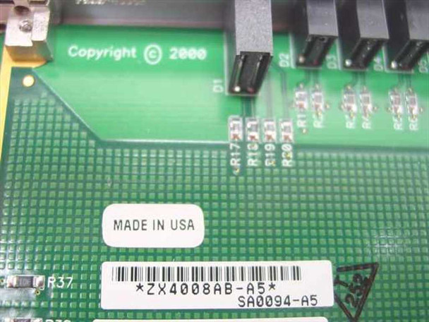 Znyx Networks ZX4008AB-A5 board label closeup showing part number barcode, SA0094-A5 designation, Made in USA marking, and copyright 2000 silkscreen