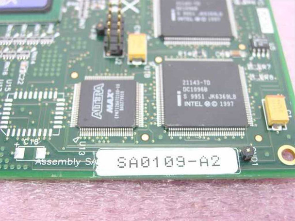 Znyx Networks ZX370 SA0109-A2 – close-up of PCB showing Intel 21143 Ethernet controller and Altera MAX FPGA chips with assembly label