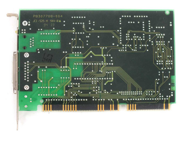 Intel EtherExpress 16 ISA LAN card — solder side (reverse/bottom) view showing PCB markings PB307708-004, JCI-S25 H, 94V-0