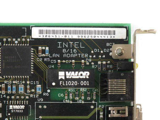 Intel EtherExpress 16 306451 — close-up of board label showing part number 306451-011, Intel 8/16 LAN Adapter designation, and Valor FL1020-001 transformer marking