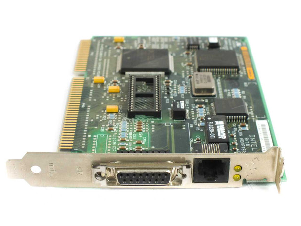Intel EtherExpress 16 ISA NIC 306451 — angled front-bracket view showing AUI DB15 connector and RJ45 port side by side