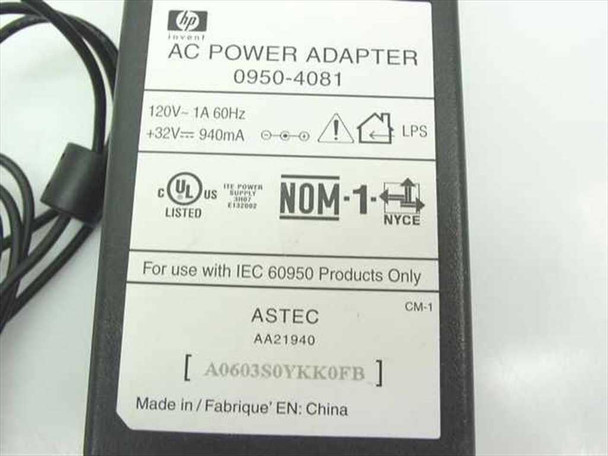 HP 0950-4081 AC Power Adapter label – showing 120V 1A input, +32V 940mA output, ASTEC AA21940, UL/NOM certifications, Made in China
