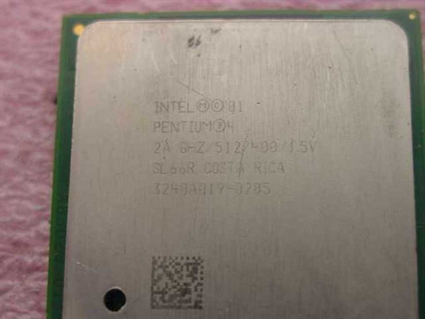 Intel Pentium 4 SL66R CPU top label showing 2.0GHz/512/400/1.5V specs and Costa Rica origin mark