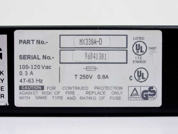 Black Box MX330A-D label showing Part No. MX330A-D, 100-120VAC 0.3A 47-63Hz, UL listing, and fuse rating
