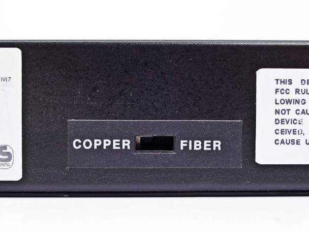 Black Box MX330A-D rear panel close-up showing Copper/Fiber selector label and fiber optic port