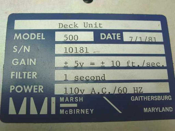 Marsh-McBirney Model 500 data plate — Model 500, Date 7/1/81, S/N 10181, Gain ±5V = ±10 ft./sec., Filter 1 second, Power 110V AC/60Hz, Marsh-McBirney Gaithersburg Maryland