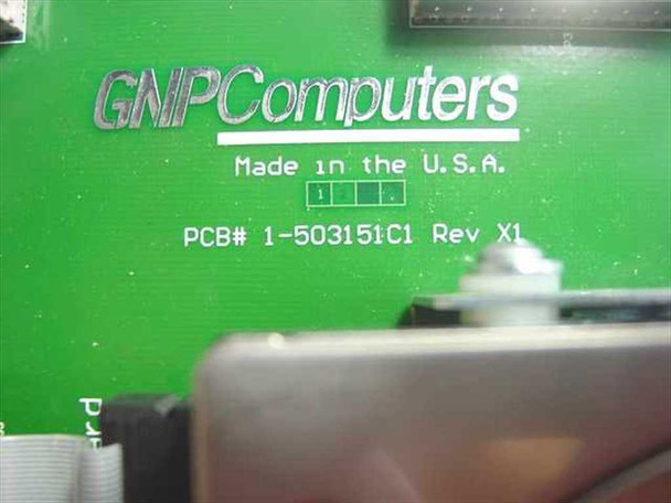 GNP Computers PCB label showing PCB# 1-503151C1 Rev X1, Made in the U.S.A. silkscreen on green circuit board