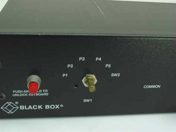 Black Box SR-3020-Q front panel close-up showing P1–P5 port labels, SW1/SW2 switches, red keyboard-lock button, and one missing knob