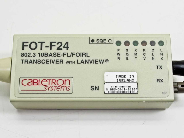 Cabletron FOT-F24 front panel close-up – model name, 802.3 10BASE-FL/FOIRL label, LanView LED array, Cabletron Systems logo, Made in Ireland label