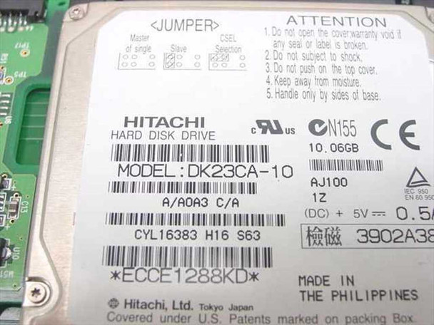 Hitachi Hard Disk Drive model DK23CA-10, 10.06 GB, label detail showing model number, revision A/A0A3 C/A, serial number ECCE1288KD, Made in Philippines