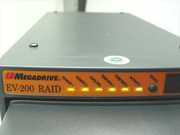 Megadrive EV-200 RAID front panel close-up showing orange label, LED status indicators: Power 1, Power 2, Cooling, Term Bus 1, Term Bus 2, Activity, Device