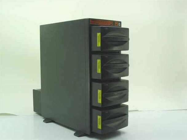 Megadrive EV-200 RAID Ultra SCSI 4-bay tower enclosure — front and right side view showing empty drive bays with yellow labels