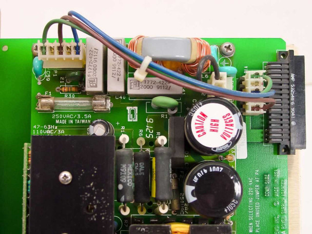 Cabletron MMAC PSM-R PCB detail showing 250VAC 3.5A and 110VAC 3A input ratings and 47-63Hz frequency marking