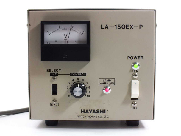 Hayashi LA-150EX-P – close-up front panel view showing voltmeter scale, HAYASHI WATCH WORKS CO. LTD. nameplate, SELECT switch, CONTROL knob, and POWER switch
