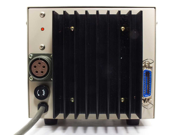 Hayashi LA-150EX-P – rear panel view showing large black finned heatsink, 5-pin circular output connector, DB25 parallel port connector, and AC power inlet