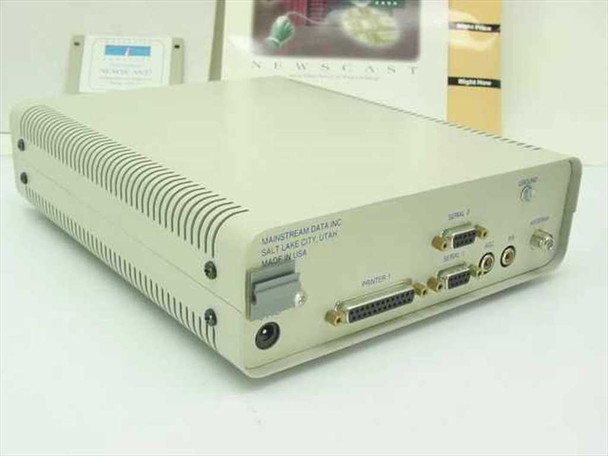 Mainstream Data Satellite IDR II rear panel showing serial ports, parallel port, antenna connector, and Made in USA label