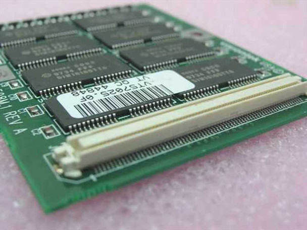 Close-up of VisionTek VT57025.0F SO-DIMM edge connector and barcode label showing part number and QC code