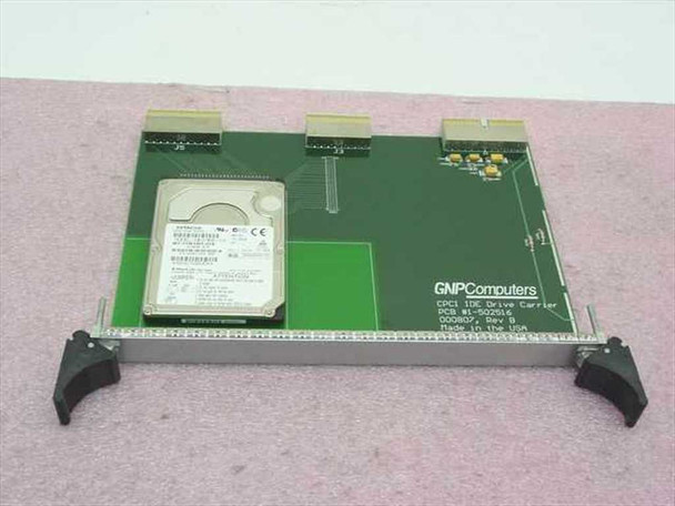 GNP Computers 1-502516 cPCI IDE Drive Carrier Board with Hitachi DK23BA-10 hard drive installed — front view showing board, drive, and ejector handles