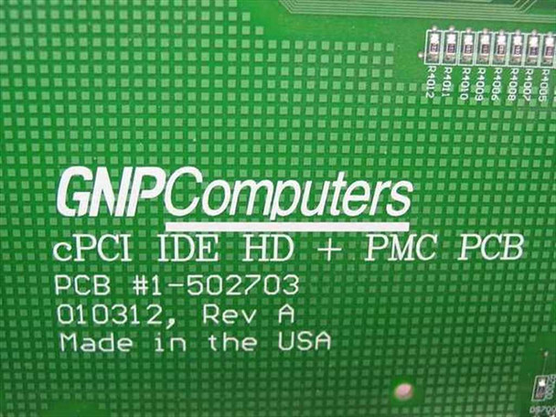 GNP Computers PCB label closeup reading cPCI IDE HD + PMC PCB, PCB #1-502703, 010312 Rev A, Made in the USA