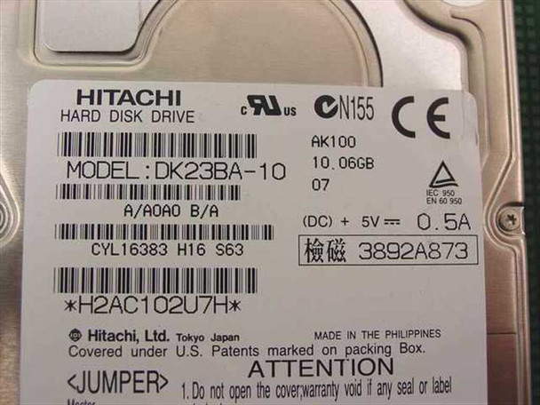Hitachi DK23BA-10 hard drive label showing 10.06GB capacity, 5V 0.5A, AK100, made in the Philippines — included with the GNP cPCI IDE PCB