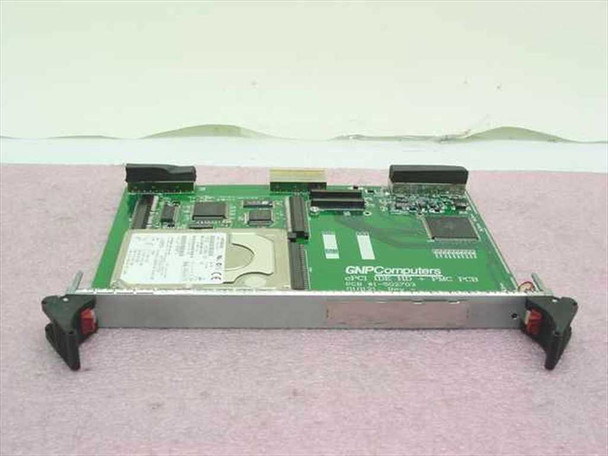 GNP Computers cPCI IDE HD PMC PCB Card 1-502703 – top side view showing installed Hitachi hard drive and PMC mezzanine area with front panel handles