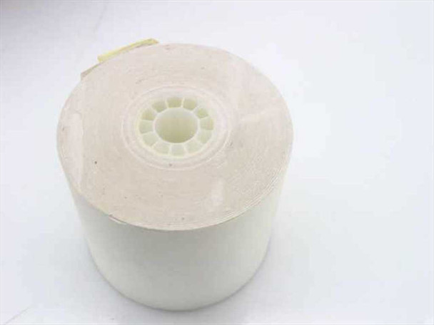 Single white 43mm wide double impact ribbon receipt paper roll shown close-up from top, displaying center core