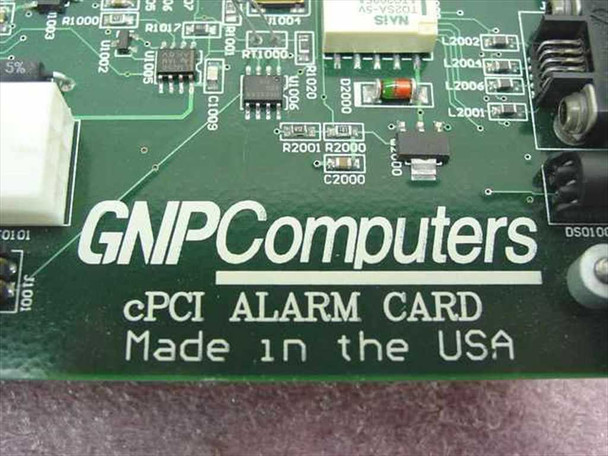 GNP Computers cPCI Alarm Card PCB silkscreen closeup showing 'GNPComputers cPCI ALARM CARD Made in the USA' label