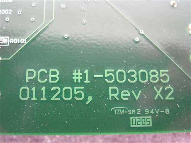 GNP Computers cPCI Alarm Card PCB bottom closeup showing 'PCB #1-503085, 011205, Rev X2' marking and date code 0205