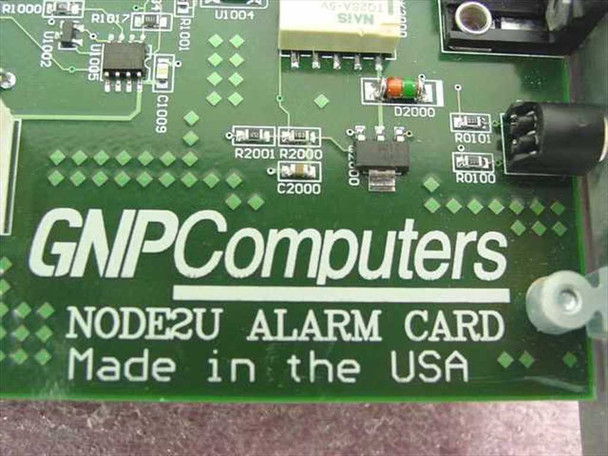 GNP Computers NODE2U Alarm Card PCB close-up showing 'GNPComputers NODE2U ALARM CARD Made in the USA' silkscreen