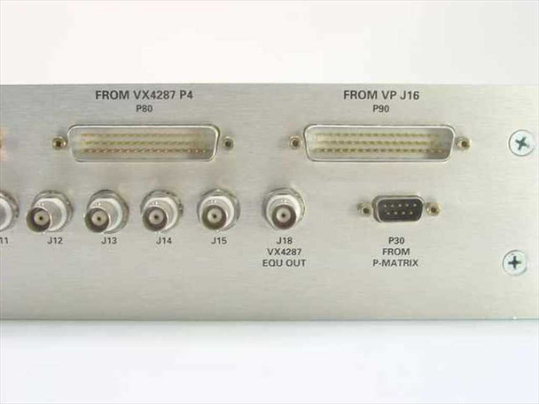 Tektronix IGS-1614-60 front panel close-up – right section showing D-Sub connectors P80 and P90 labeled FROM VX4287 P4 and FROM VP J16, BNC connectors J11–J15, J18 VX4287 EQU OUT, and DB9 P30 FROM P-MATRIX