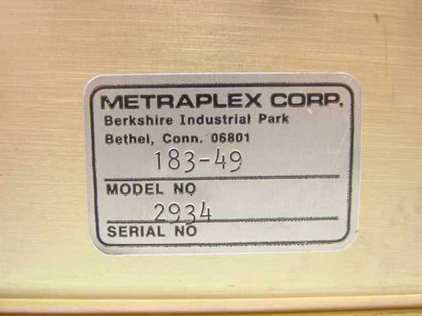 Metraplex Corp label showing part number 183-49, Model No 2934, Serial No, Berkshire Industrial Park Bethel Connecticut